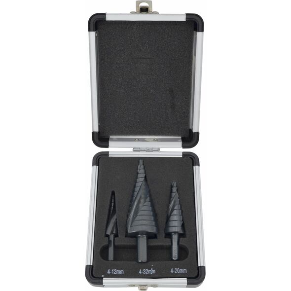 Wiertło AWTools AW WIERTŁO STOPNIOWE SPIRALNE KPL. 3szt./ 4-12 4-20 4-32mm/ AICrN/ CZARNE/ ETUI PLASTIK. 13520490 5903678616212