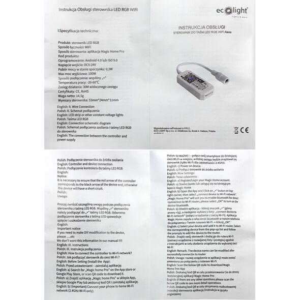ECOLIGHT2 Sterownik LED RGB WiFi Ecolight EC79899 8A 96W 12V 13579441 5901986798996