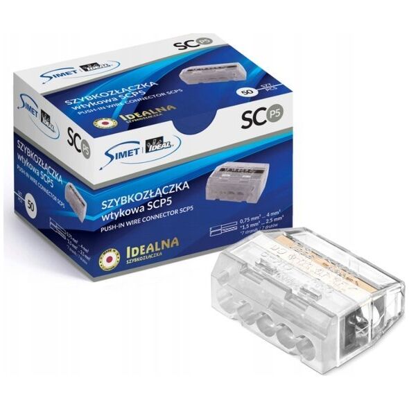 Simet Szybkozłączka wciskana do drutów 5x 0,75-4mm2 24A Simet Ideal SCP5 88000002S transparentna/biała 13581892 5907813235979