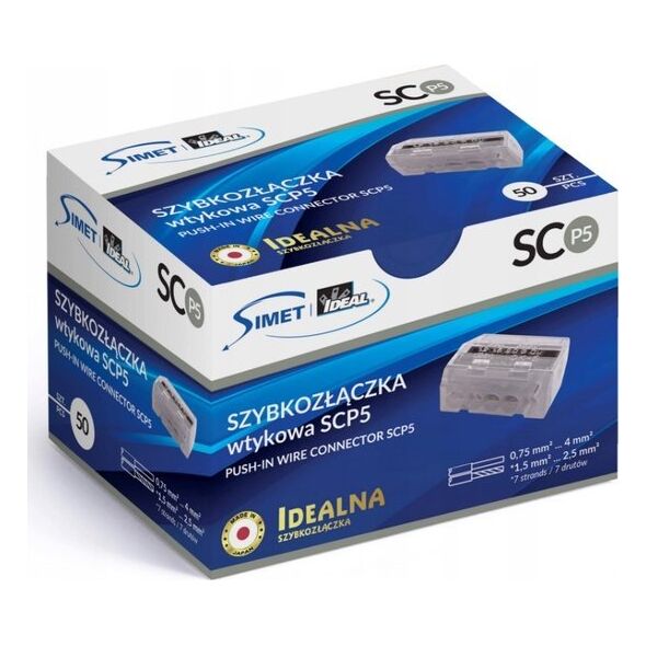 Simet Szybkozłączka wciskana do drutów 5x 0,75-4mm2 24A Simet Ideal SCP5 88000002S transparentna/biała 13581892 5907813235979