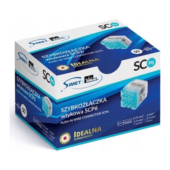 Simet Szybkozłączka wciskana do drutów 6x 0,75-4mm2 24A Simet Ideal SCP6 88000003S transparentna/niebieska 13581893 5907813235962