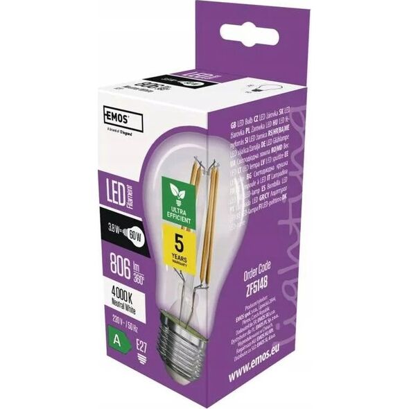 Emos Żarówka LED Emos Filament ZF5148 3,8W (60W) E27 A60 3000K biała ciepła 13620124 8592920120620