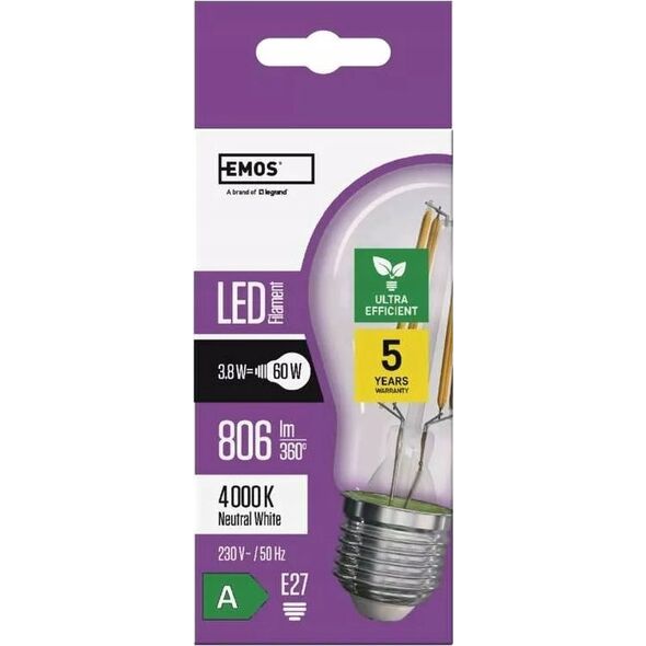 Emos Żarówka LED Emos Filament ZF5148 3,8W (60W) E27 A60 3000K biała ciepła 13620124 8592920120620