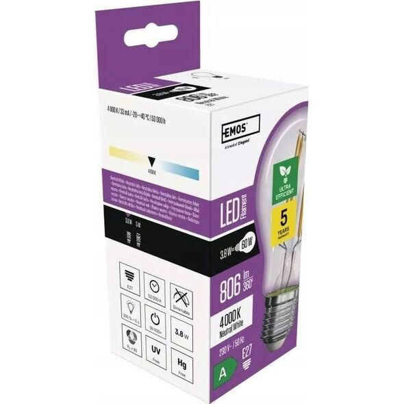 Emos Żarówka LED Emos Filament ZF5148 3,8W (60W) E27 A60 3000K biała ciepła 13620124 8592920120620