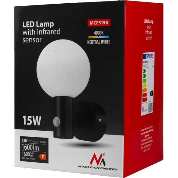 Naświetlacz Maclean Lampa LED z czujnikiem ruchu Maclean, czujnik ruchu PIR, kolor czarny, 15W, IP65, 1600lm, barwa neutralna biała (4000K) MCE515 B 13673225 5902211134619