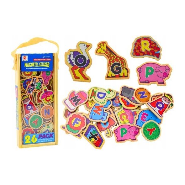 LeanToys Zestaw Magnesy Drewniane Literki Obrazki Zwierzęta Przedmioty 26 Sztuk 13676801 5905991021841