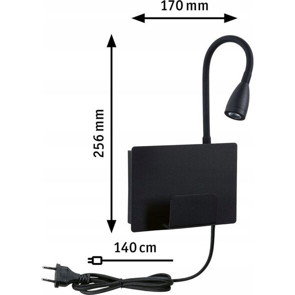 Kinkiet Paulmann Oprawa ścienna HALINA LED 2.4W 200lm 2700K USB-C 230V czarny mat /metal 13684478 4000870711019