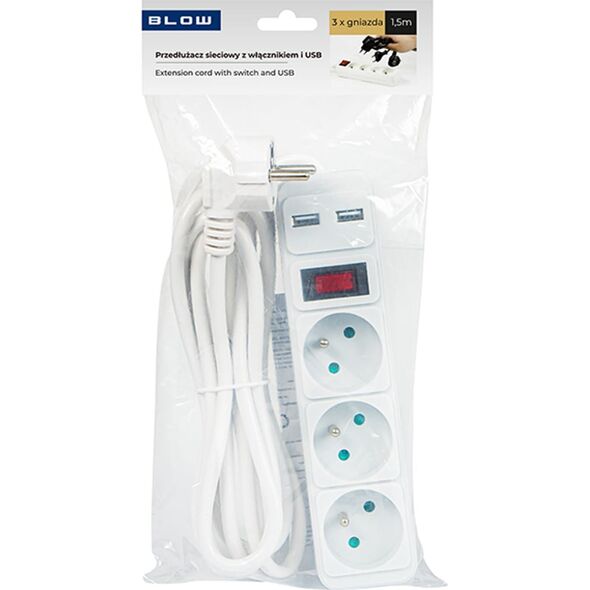 Blow 98-080# Przedłużacz sieciowy pr-370wsp/usb 3-gniazda+usb z uziemieniem+wyłącznik 1,5m biały 3x1,5mm 13711763 5900804133506