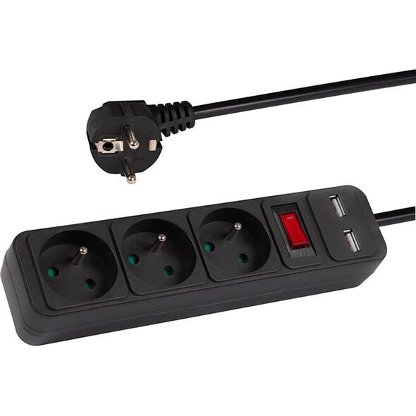 Blow 98-074# Przedłużacz sieciowy pr-370wsp/usb 3-gniazda+usb z uziemieniem+wyłącznik 1,5m czarny 3x1,5mm 13711767 5900804133445