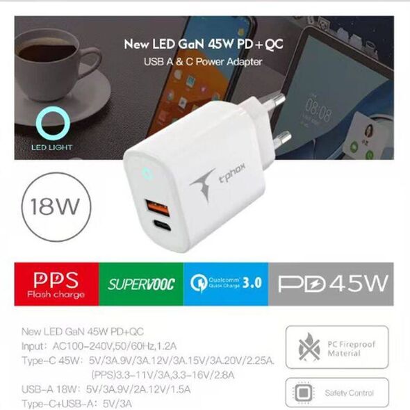 Ładowarka T-Phox Ładowarka Sieciowa 45W USB + USB-C T-PHOX GLORY biała 13722832 6974670443952