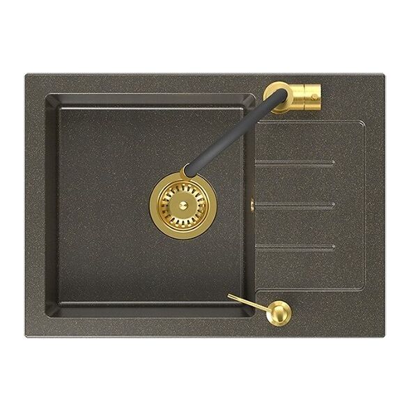 Zlewozmywak Steiner ART JOHNNY 116 (60x44x18,5) GraniteQ Art Gold Black Pearl z syfonem manualnym, baterią Maggie i dozownikiem - czarny opalizacja złota 13735840 5905505506307