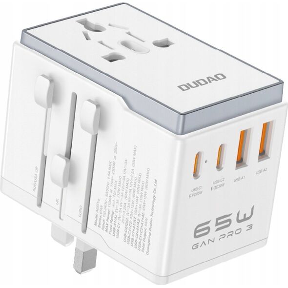 Adapter USB Dudao Adapter podróżny Dudao A65Pro 65W EU / US / JP / AUS / UK 2x USB-C 2x USB-A - biały 13804610 6976625332601