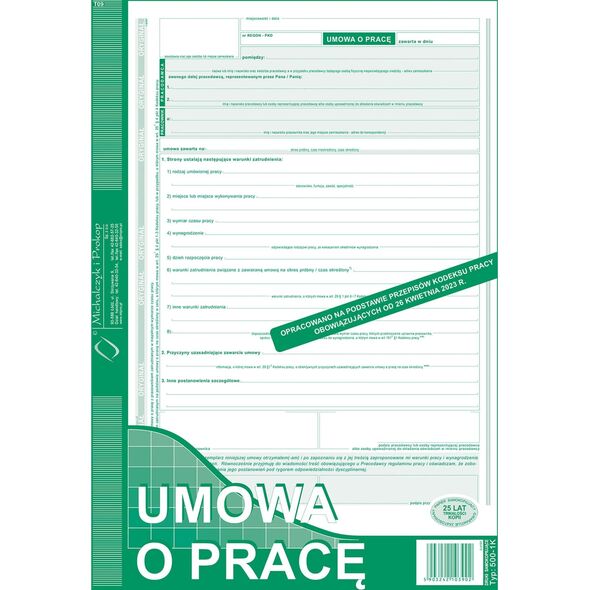 Michalczyk i Prokop 500-1K Umowa o Pracę A4 40kartek ( nowa ) Michalczyk i Prokop 13822840 5903242103902