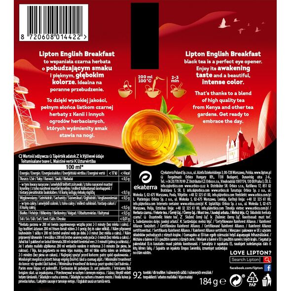 Lipton Herbata LIPTON czarna, English Breakfast, 92 torebki 13828628 8720608014422