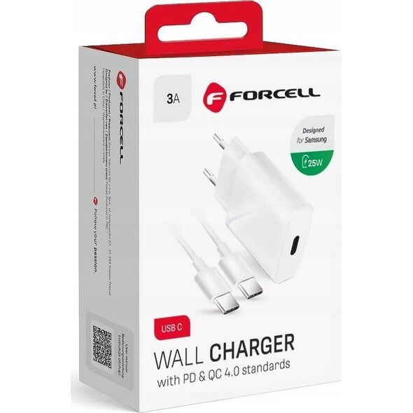 Ładowarka ForCell FORCELL F-ENERGY TFK-TC-25WPD ładowarka sieciowa Typ C + kabel Typ C do Typ C PD Q.C 3A 25W biała 13843551 5903396108099
