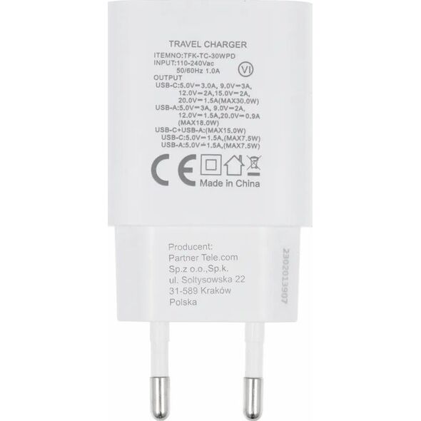 Ładowarka ForCell FORCELL F-ENERGY TFK-TC-30WPD ładowarka sieciowa Typ C + USB A PD QC4.0 3A 30W biała 13844053 5903396198052
