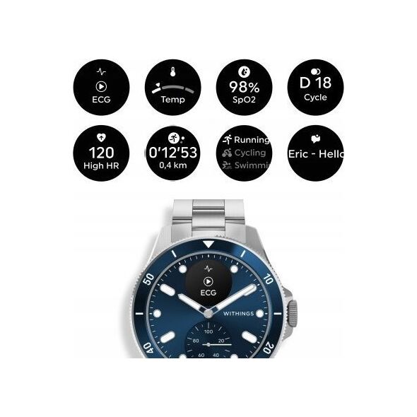 Smartwatch Withings Withings Scanwatch Nova - zegarek z funkcją EKG, pomiarem pulsu, SPO2 i temperatury oraz mierzeniem aktywności fizycznej i snu (42mm, blue) 13865627 3700546708732