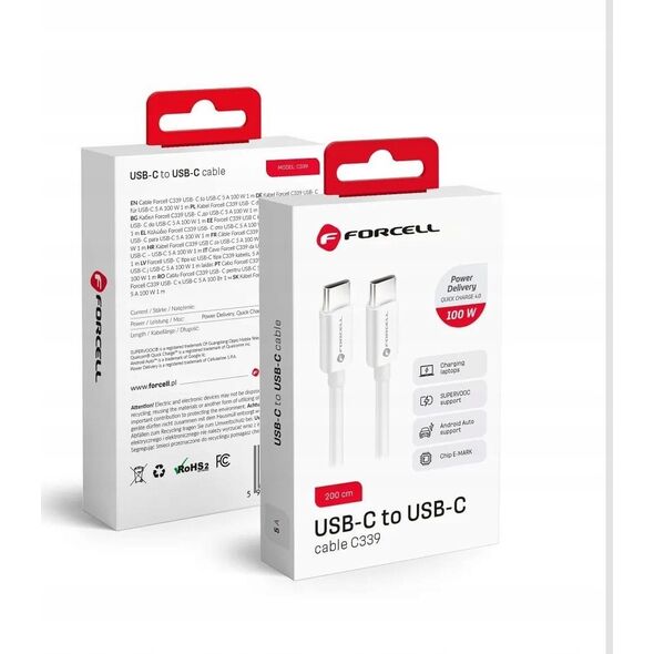 Kabel USB ForCell FORCELL F-ENERGY C339 kabel Typ C do Typ C PD QC4.0 5A 100W 2 m biały 13875938 5903396172021