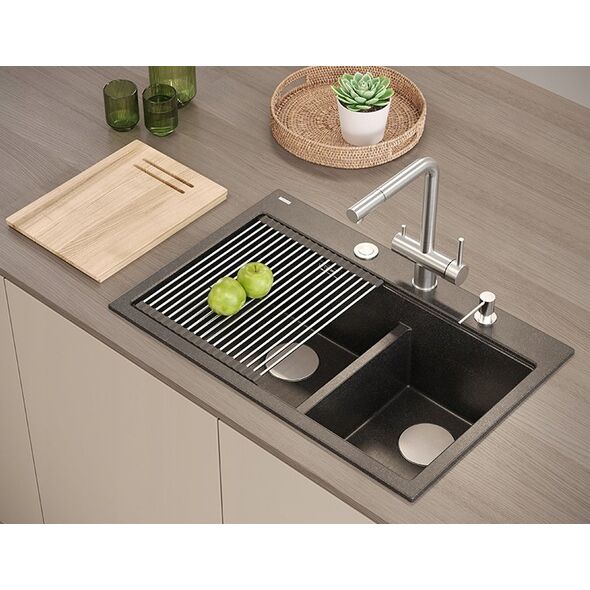 Zlewozmywak GraniteQ MARC 120 WORKSTATION GraniteQ zlewozmywak 2-komorowy 760*500*235 mm pure carbon + syfon push to open + dozownik stal szcz.+ wkładka ociekowa+ Qmata +d 13916758 5905505508189