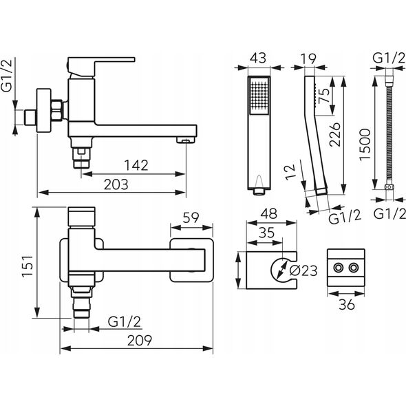 Bateria wannowa Ferro BZI11RBL / FERRO / ZICCO / BAT.WANNOWA Z NATRYSKIEM, SKŁADANA WYLEWKA, PRZEŁĄCZNIK W WYLEWCE CZARNA / 13948354 5903738230631