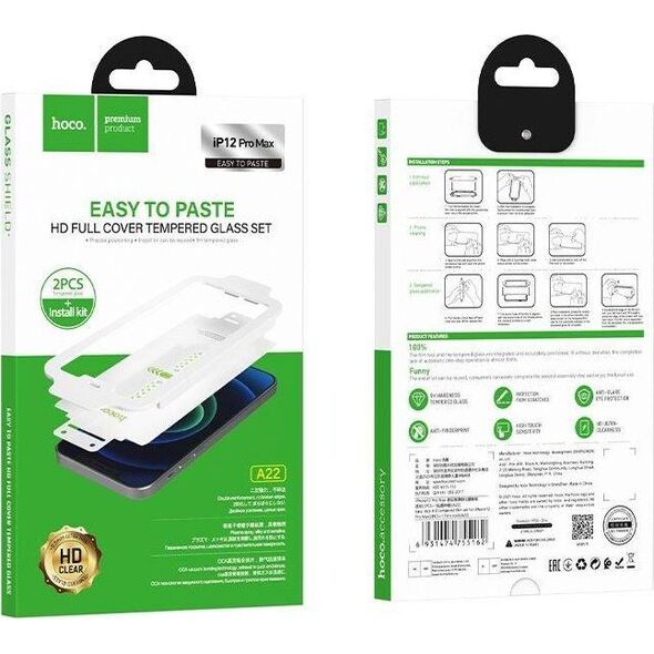 Hoco HOCO szkło hartowane kwarcowe Easy Stick HD FULL GLUE do Iphone 12 Pro Max ( 2 sztuki ) A22 13950514 6931474755162