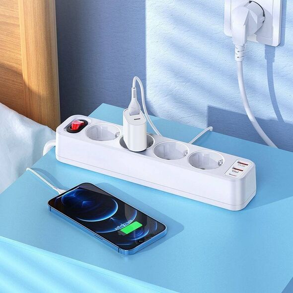Listwa zasilająca Hoco HOCO listwa zasilająca 4 gniazda + 2 x USB A + Typ C PD QC3.0 3A 20W NS1 1,8 m biała 13953334 6942007602150