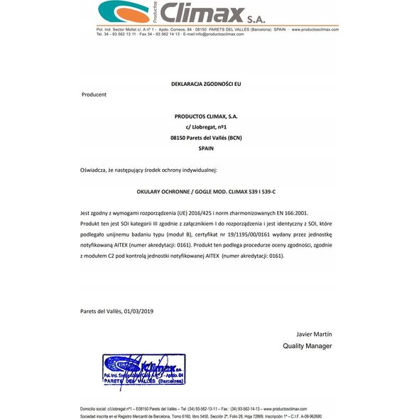 Climax CLIMAX GOGLE OCHRONNE 539 ZAMKNIĘTE NIEWENTYLOWANE 13966499 8423246217476