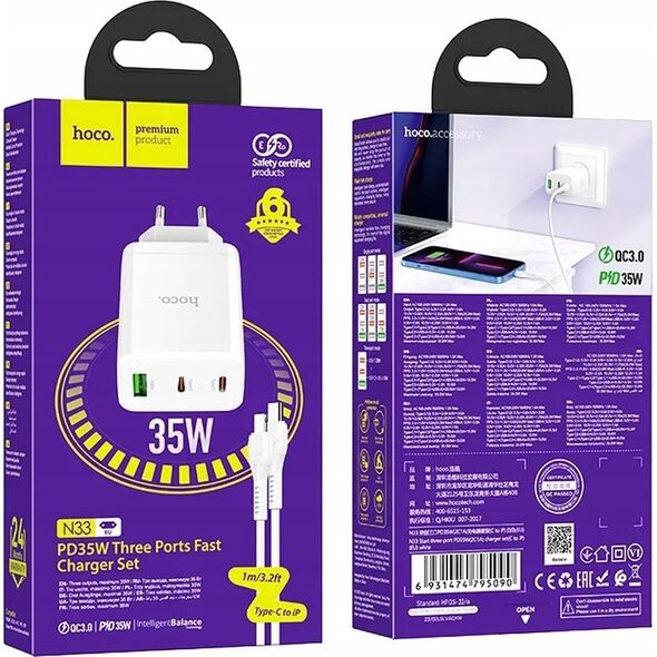 Ładowarka Hoco HOCO ładowarka sieciowa 2 x Typ C + USB A + kabel Typ C do Lightning PD QC3.0 3A 35W N33 biała 13968325 6942007621083