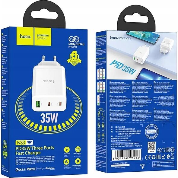 Ładowarka Hoco HOCO ładowarka sieciowa 2 x Typ C + USB A PD QC3.0 3A 35W N33 biała 13968498 6942007621076