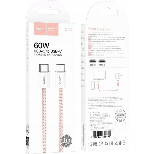 Kabel USB Hoco HOCO kabel Typ C do Typ C 3A 60W X104 1 m różowy 13975492 6942007616898
