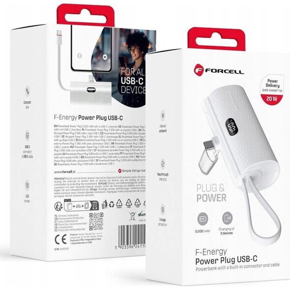 Powerbank ForCell FORCELL F-ENERGY Power Plug F5K3 powerbank 5 000mAh z wbudowanym złączem Typ C PD 20W biały 13979004 5903396241109