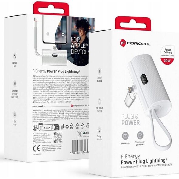 Powerbank ForCell FORCELL F-ENERGY Power Plug F5K3 powerbank 5 000mAh z wbudowanym złączem do Lightning 8-PIN PD 20W biały 13979005 5903396236617