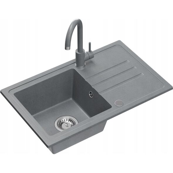 Zlewozmywak BEN 111 zlewozmywak granitowy silver stone 70x44 z szarą baterią ze stałą wylewką, ze stalowym syfonem i zaślepką 14010828 5905505506123