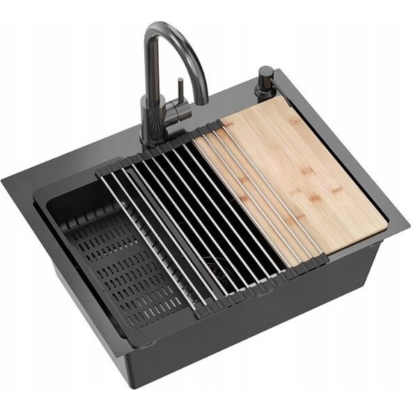 Zlewozmywak QUADRON LUKE 110 WORKSTATION zlewozmywak black metal (58x45x20) z syfonem 1-komorowy b/o + Qmata + Wkładka + Dozownik + Deska + bateria ze stałą wylew 14010841 5905505503207