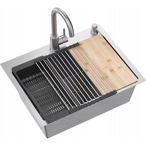 Zlewozmywak QUADRON LUKE 110 WORKSTATION zlewozmywak stalowy (58x45x20) z syfonem 1-komorowy b/o + Qmata + Wkładka + Dozownik + Deska + bateria ze stałą wylewką s 14010845 5905505503191