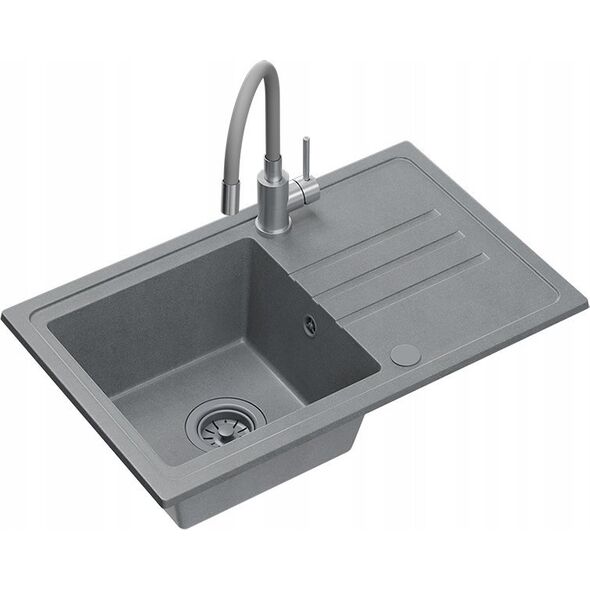 Zlewozmywak BEN 111 zlewozmywak granitowy silver stone 70x44 z szarą baterią z elastyczną wylewką, z szarym syfonem i szarą zaślepką 14010856 5905505506215
