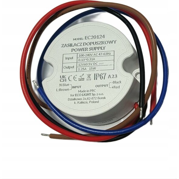 ECOLIGHT2 ZASILACZ DO PUSZKI 1,25A 15W 12V IP67 50x50x22 EC20124 14041138 5905036201245