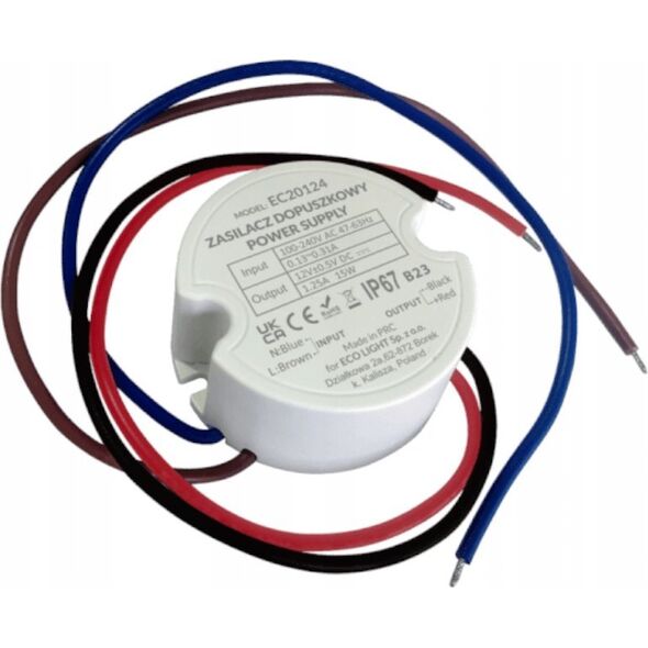 ECOLIGHT2 ZASILACZ DO PUSZKI 1,25A 15W 12V IP67 50x50x22 EC20124 14041138 5905036201245