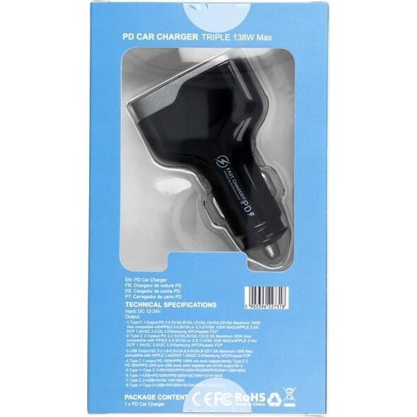 Ładowarka OEM Ładowarka samochodowa USB A + 2 x Typ C PD QC3.0 3A 138W CC53-2C1A czarna 14066820 5903396227318