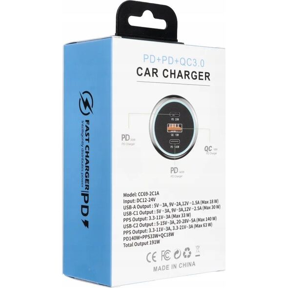 Ładowarka OEM Ładowarka samochodowa USB A + 2 x Typ C PD QC3.0 3A 191W CC69-2C1A black 14066874 5903396276866