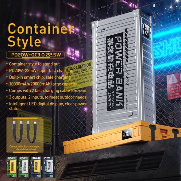Powerbank Wekome WEKOME WP-339 Container Series - Power bank 10000 mAh Super Charging z wbudowanym kablem USB-C & Lightning PD 20W + QC 22.5W (Srebrny) 14092437 6941027642078