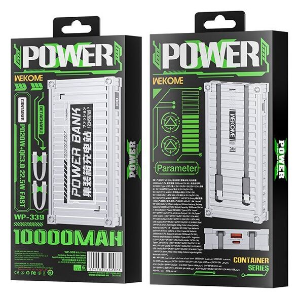 Powerbank Wekome WEKOME WP-339 Container Series - Power bank 10000 mAh Super Charging z wbudowanym kablem USB-C & Lightning PD 20W + QC 22.5W (Srebrny) 14092437 6941027642078