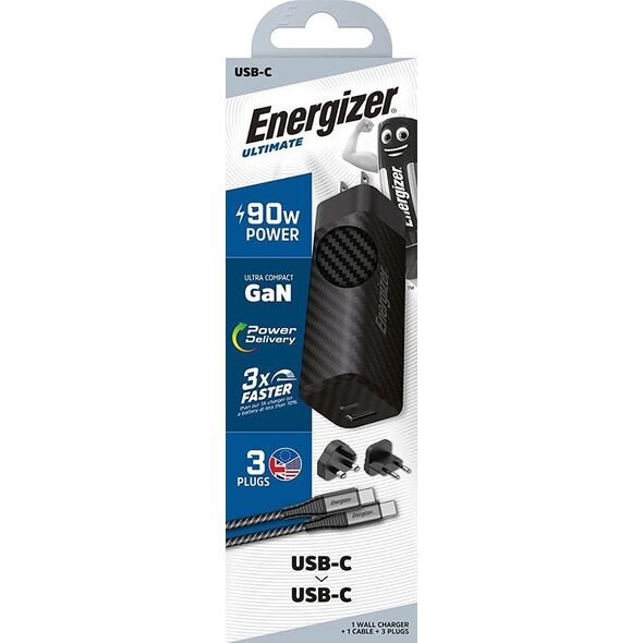 Ładowarka Energizer Energizer Ultimate - Ładowarka sieciowa Multiplug EU / UK / US GaN USB-C & USB-A 90W PD + Kabel USB-C (Czarny) 14093134 3492548232277