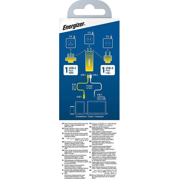 Ładowarka Energizer Energizer Ultimate - Ładowarka sieciowa Multiplug EU / UK / US GaN USB-C & USB-A 90W PD + Kabel USB-C (Czarny) 14093134 3492548232277