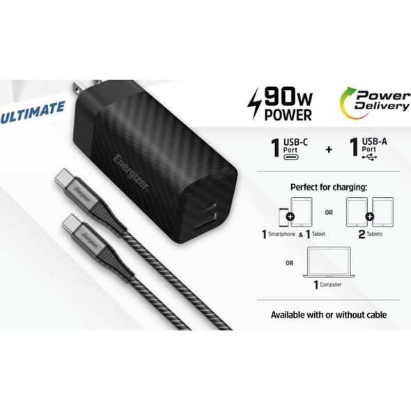 Ładowarka Energizer Energizer Ultimate - Ładowarka sieciowa Multiplug EU / UK / US GaN USB-C & USB-A 90W PD + Kabel USB-C (Czarny) 14093134 3492548232277