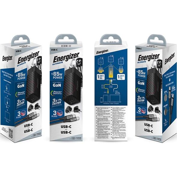 Ładowarka Energizer Energizer Ultimate - Ładowarka sieciowa Multiplug EU / UK / US GaN USB-C & USB-A 65W PD + Kabel USB-C (Czarny) 14093137 3492548232260