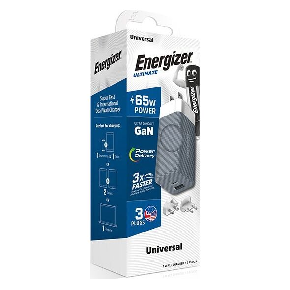 Ładowarka Energizer Energizer Ultimate - Ładowarka sieciowa Multiplug EU / UK / US GaN USB-C & USB-A 65W PD (Srebrny) 14093140 3492548231775