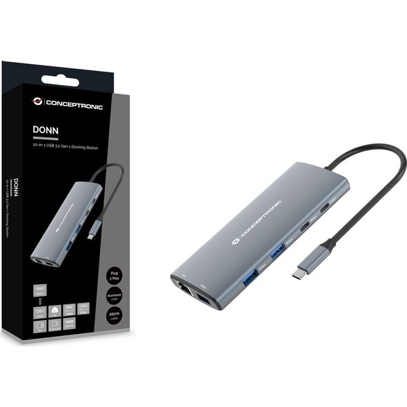 HUB USB Conceptronic CONCEPTRONIC 10-in-1 Dock USB-C-> HDMI,2xUSB-C,3xUSB-A,SD sw 14103090 4015867237809