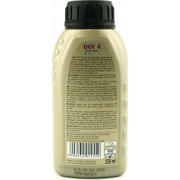 K2 K2 PŁYN HAMULCOWY DOT4 Z CERTYFIKATEM. DOT 4 RACING 250ML 14104826 5906534014559