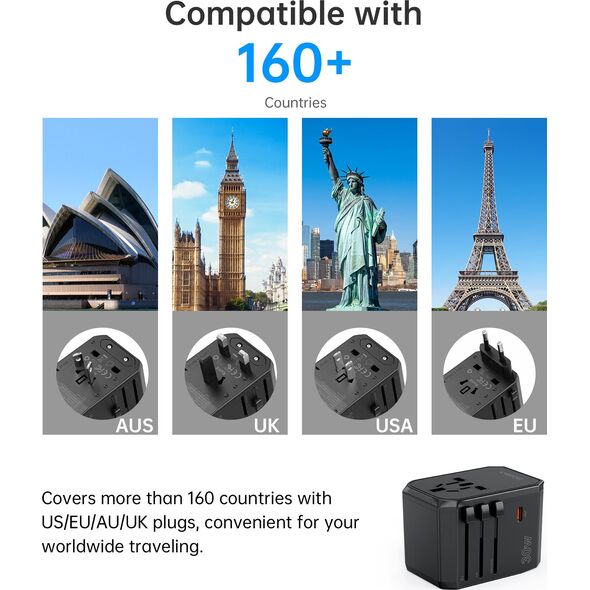 Ładowarka Choetech Uniwersalna ładowarka podróżna USB-C 2x USB-A PD 30W wtyczki USA EU UK AU czarna Uniwersalna ładowarka podróżna USB-C 2x USB-A PD 30W wtyczki USA EU UK AU czarna 14122254 6932112106193